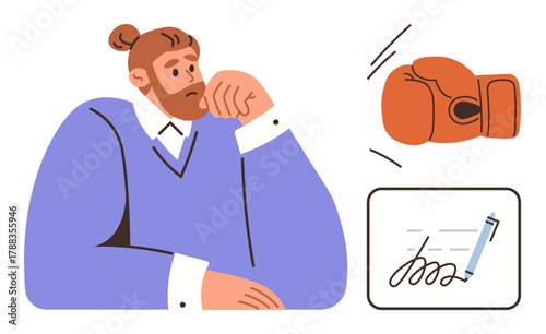 Pensive man rests chin on hand alongside glove and signed document, reflecting conflict resolution, decision-making, negotiation, commitment, business strategy, creativity, simple flat metaphor