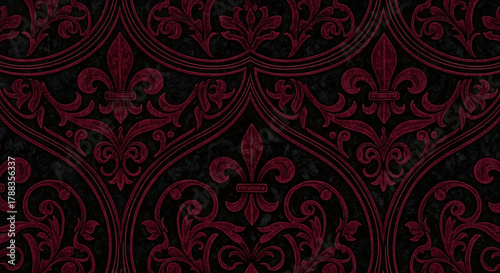A dark background with a red fleur de lis pattern and ornate swirls and arches in a repeating design