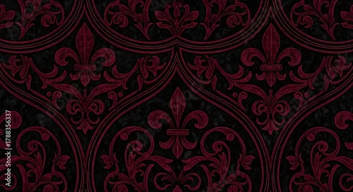 Fototapeta na wymiar A dark background with a red fleur de lis pattern and ornate swirls and arches in a repeating design