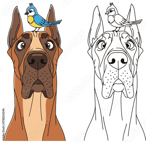 Cute Cartoon Great Dane Dog with Blue Bird on Head - Hand-Drawn Vector Illustration for Pet and Animal Designs