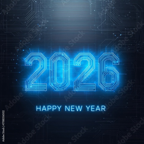 Celebrate the dawn of 2026 with a futuristic, glowing digital countdown against a circuit board backdrop, embracing technological advancement and new beginnings.