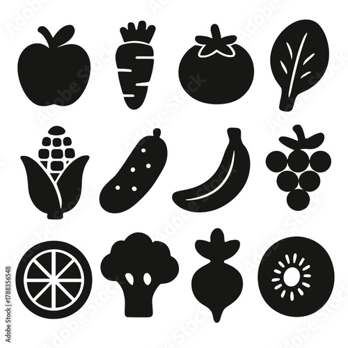 Bold Harvest Icons. Healthy Harvest silhouette icon set: apple, carrot, tomato, spinach leaf, corn, cucumber, banana, grape bunch, orange, broccoli, radish, kiwi.