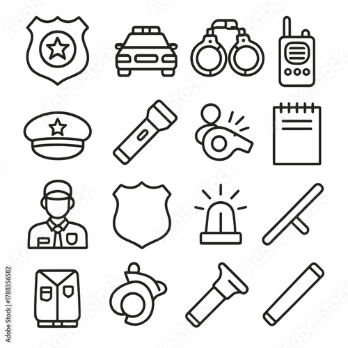 Law Enforcement Icons. Law Enforcement linear icon set: badge, police car, handcuffs, radio, hat, flashlight, whistle, notebook, uniform, shield, siren, baton.