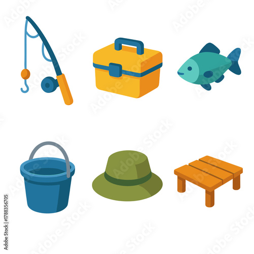 Isometric Fishing Icons. Fishing Spot modern flat icons set: fishing rod, tackle box, fish, bucket, hat, wooden pier.