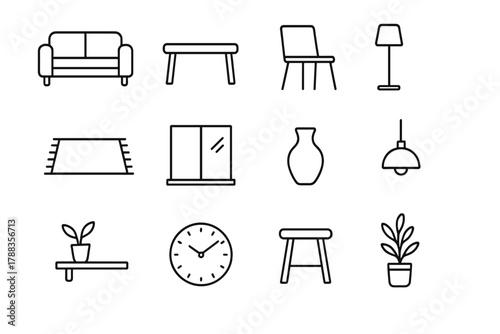 Minimalist Furniture Icons. Minimalist open space linear icon set: sofa, table, chair, floor lamp, rug, window, vase, pendant light, wall shelf, stool, clock, greenery.