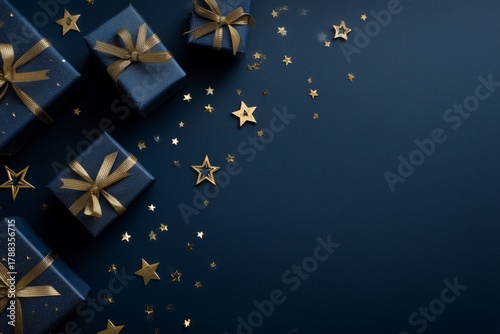 Colorful Gift Boxes With Golden Ribbons and Stars on a Dark Blue Background f...