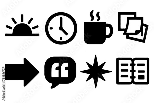 Bold Motivation Icons. Daily Motivation silhouette icon set: sunrise, clock, coffee cup, sticky notes, arrow, quote bubble, spark, planner.