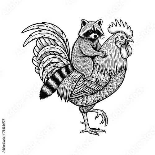 Raccoon Riding a Rooster in Black and White Illustration animal bird