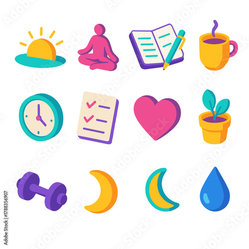 Mindful Daily Icons. Mindful Routine modern flat icons set: sunrise, yoga pose, notebook, pen, cup, clock, checklist, heart, plant, dumbbell, moon, water droplet.