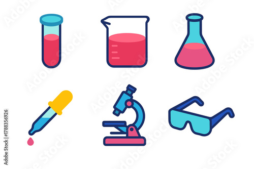 Isometric Lab Icons. Lab Equipment modern flat icons set: test tube, beaker, flask, pipette, microscope, safety goggles.