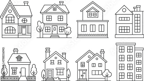 Set of black and white house and building icons featuring cottages, apartments, fences, trees, and diverse residential architecture styles