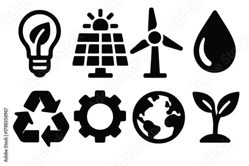 Eco Innovation Icons. Eco Innovation silhouette icon set: lightbulb with leaf, solar panel, wind turbine, water droplet, recycling arrows, gear, earth globe, plant sprout.