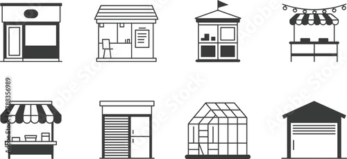 Set of black and white icons featuring kiosks, market stalls, storefronts, greenhouse, garage, and small utility buildings for design