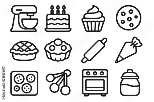 Outline Baking Icons. Baking and desserts linear icon set: mixer, cake, cupcake, cookie, pie, tart, dough roller, pastry bag, baking tray, measuring spoon, oven, sugar jar.