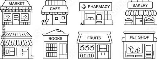 Set of black and white line icons featuring market, café, pharmacy, bakery, bookstore, fruit shop, and pet store facades