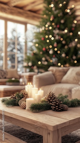 Cozy Living Room Decorated for Christmas With a Beautifully Lit Tree and Warm...