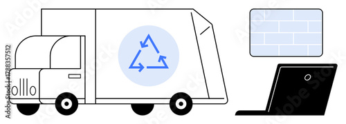 Recycling truck with circular arrow icon, laptop, and brick wall represent eco-friendly logistics, sustainability, eco-conscious business, waste reduction, green energy, e-commerce, simple flat