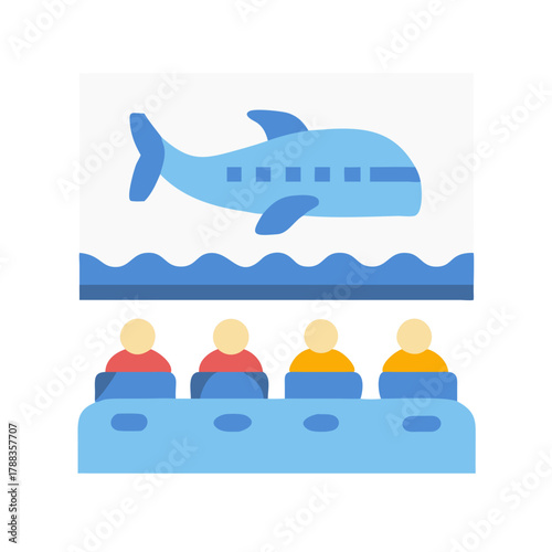 People watching a stylized dolphin show in flat style