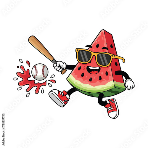 Watermelon slice character playing baseball with bat and ball fruit food