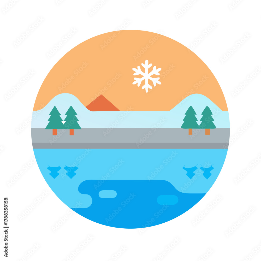 Fototapeta premium Flat design winter landscape with lake and snowflake icon