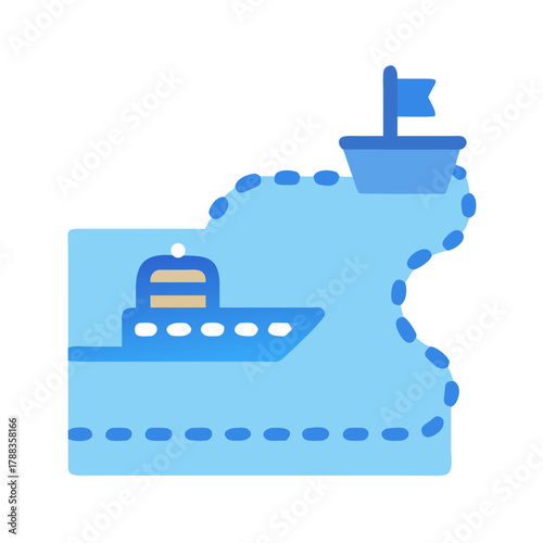 Modern boat and destination illustration in nautical color palette