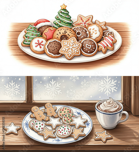 Collection of watercolor Christmas cookies plate illustrations for bakery menu and recipe design