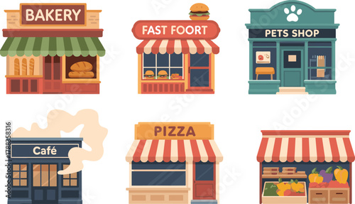 Set of colorful illustrated storefronts featuring bakery, fast food, pet shop, café, pizza shop, and produce market for retail design