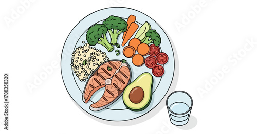 Healthy food plate/ avocado, salmon, carrot, tomato, broccoli
