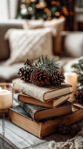 Cozy Winter Setting With Vintage Books and Holiday Decorations Near a Warm Gl...