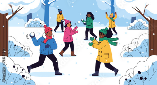Flat illustration of diverse friends throwing snowballs, a symbol of winter fun for social media