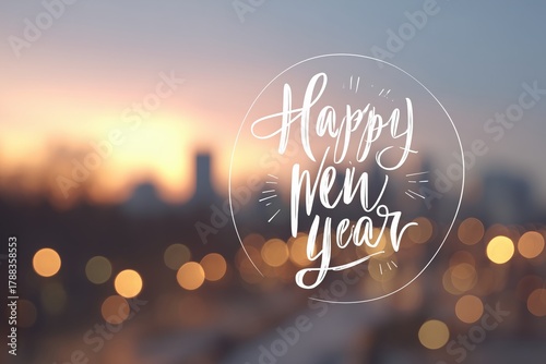 Celebrating New Year With Joyful Greetings at Sunset Urban Skyline