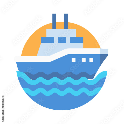 Cruise ship sailing with sunset, vector, flat illustration style