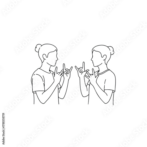 Minimalist line art illustration of two individuals expressing deep affection and connection using the 'I love you' hand sign, representing friendship, unity, and non-verbal communication