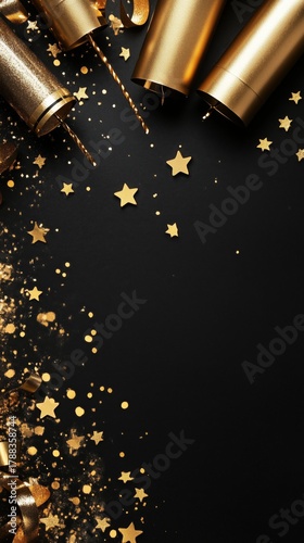 Golden Party Decorations With Stars and Ribbons on a Black Background for Cel...