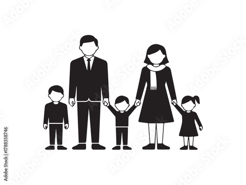 family icon father mother and three kids holding hands black white