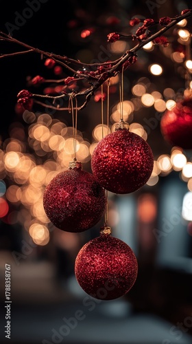 Sparkling Red Ornaments Hang From Branches Adorned With Festive Lights During...