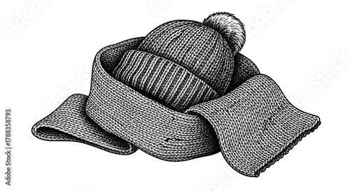 Vintage engraving of a knitted hat and scarf combo for winter apparel and accessory design