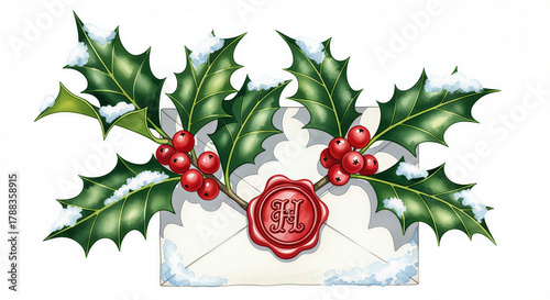 Illustration of a Christmas letter with holly berries leaves for holiday invitations and mail design