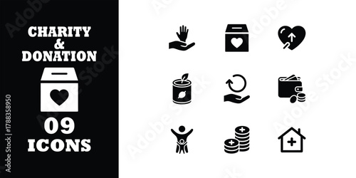 Essential charity and donation icon set perfect for campaigns, nonprofit organizations, fundraising, and community outreach initiatives needing visual aids