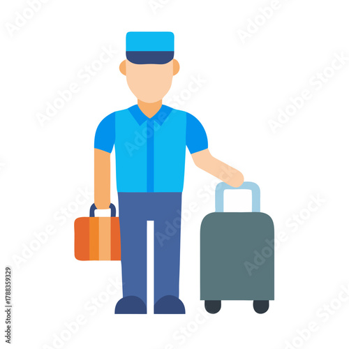 Flat icon depicting hotel bellhop with luggage on black