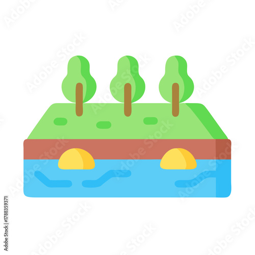 Stylized icon of a land slice with trees and water