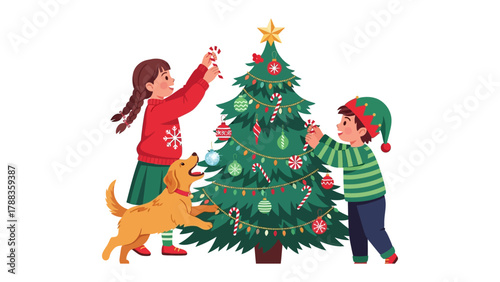 Decorating Christmas Tree: Joyful moments unfold as two children and a playful dog collaborate in adorning the festive Christmas tree with ornaments.