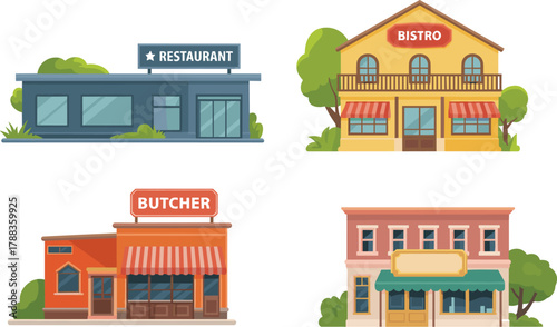Set of illustrated storefronts featuring restaurant, bistro, butcher shop, and general store for urban business, retail, and design use