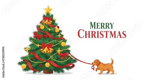 Christmas Tree Cheer: Festive Christmas scene features a decorated tree with a playful puppy and holiday greeting. A heart-warming illustration of holiday joy, happiness, and festive spirit.
