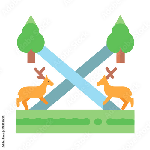 Flat woodland illustration featuring deer trees and stream