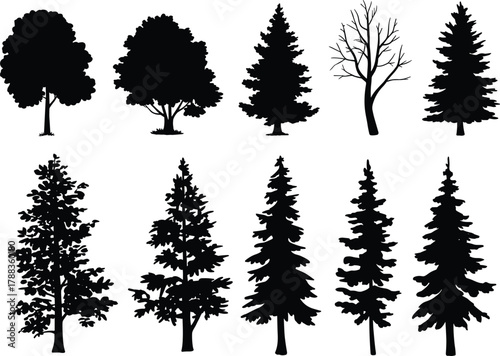 Silhouette set of various tree types including coniferous, broadleaf, and leafless trees for nature, forest, and landscape design
