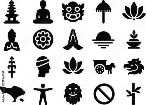 Collection of balinese culture icons set of traditional balinese symbols such as temple, buddha, mask, umbrella, lotus, flower, and other cultural elements
