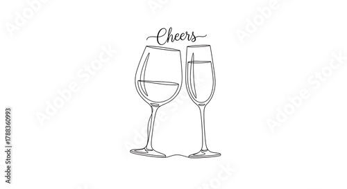 Raise a Glass to Celebration: Elegant line drawing of two glasses clinking, embodying the spirit of celebration, cheers, toasts, and joy. A visual ode to merriment.