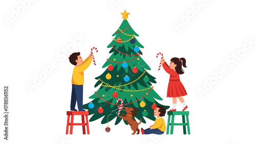 Festive Decoration: Two children and their pet collaborate to decorate Christmas tree with ornament and candy cane creating warm cozy atmosphere