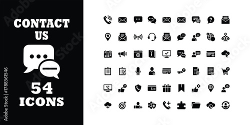 Modern flat design icon set for website contact forms and app communication features, including phone, email, chat, and social media options